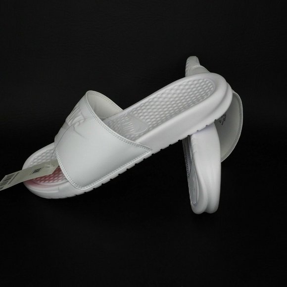 Nike Benassi JDI Women Sandals Slide All White Leather Outdoors - Picture 10 of 12